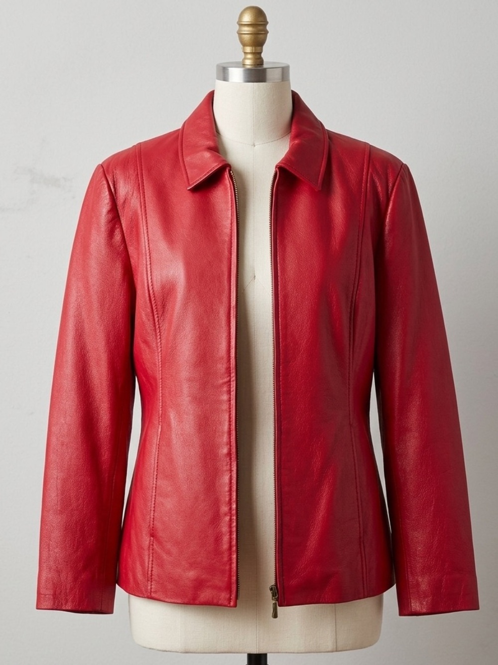 Dialogue Women's Cherry-Red Zip Up Genuine Leather Coat Jacket Size XL